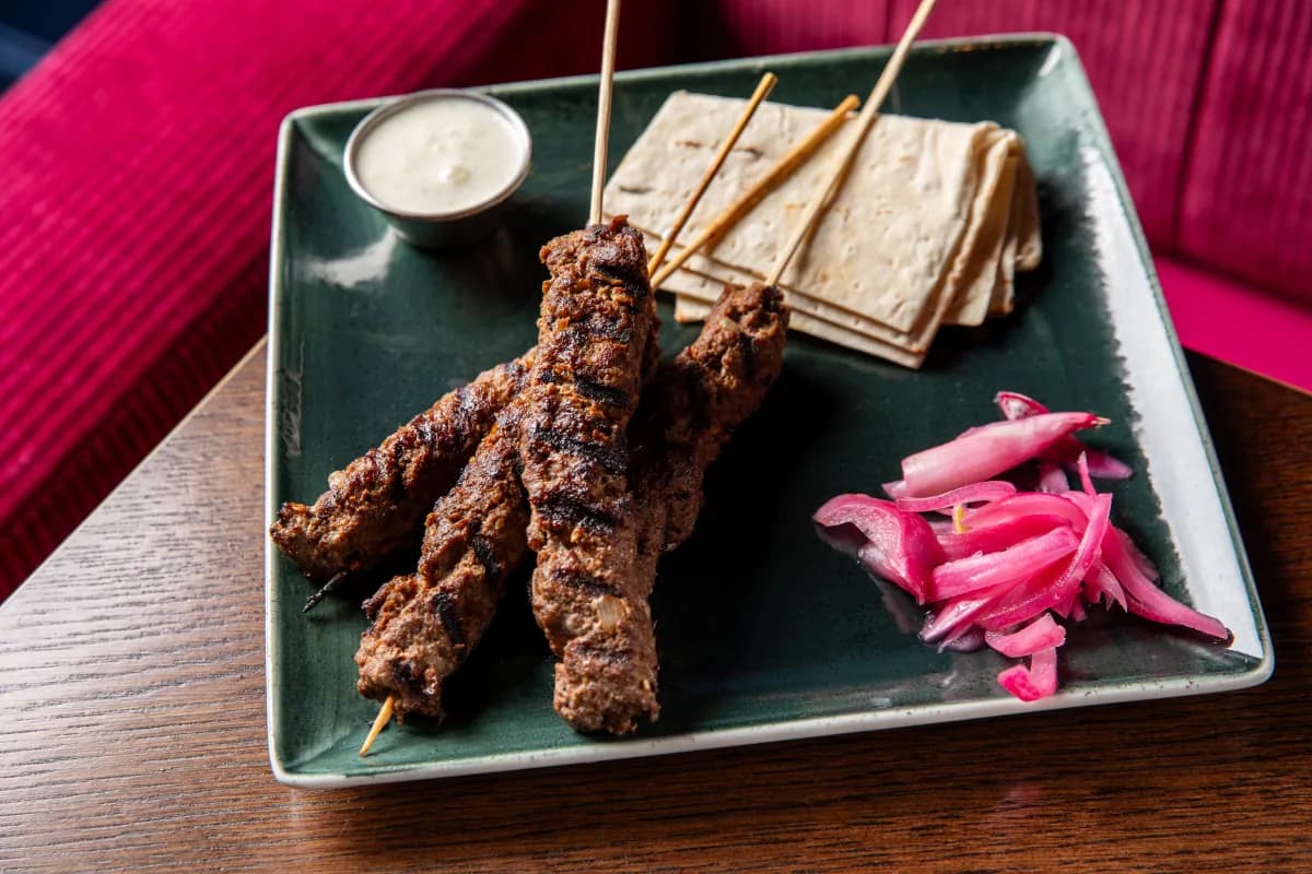 Grilled beef skewers from the Showdown Social kitchen